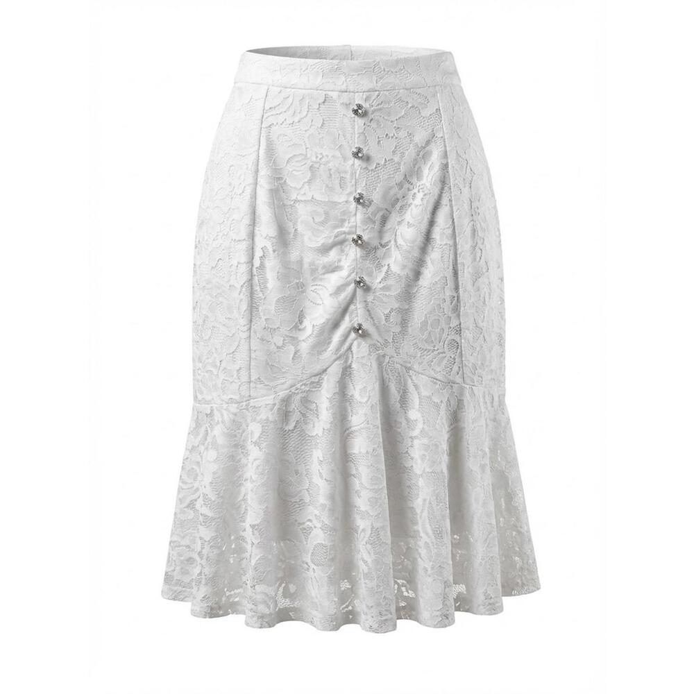 Elegant White Lace Midi Skirt with Decorative Buttons